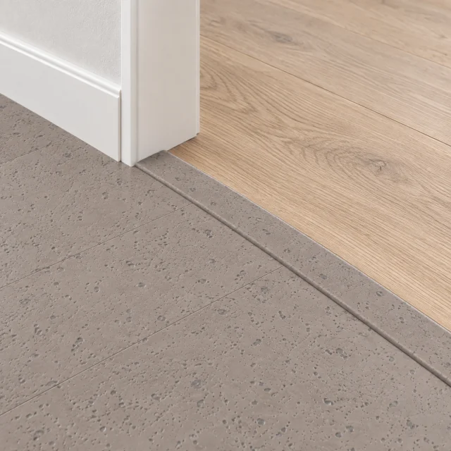 Gray Leather T-molding transition — installed view with product profile inset