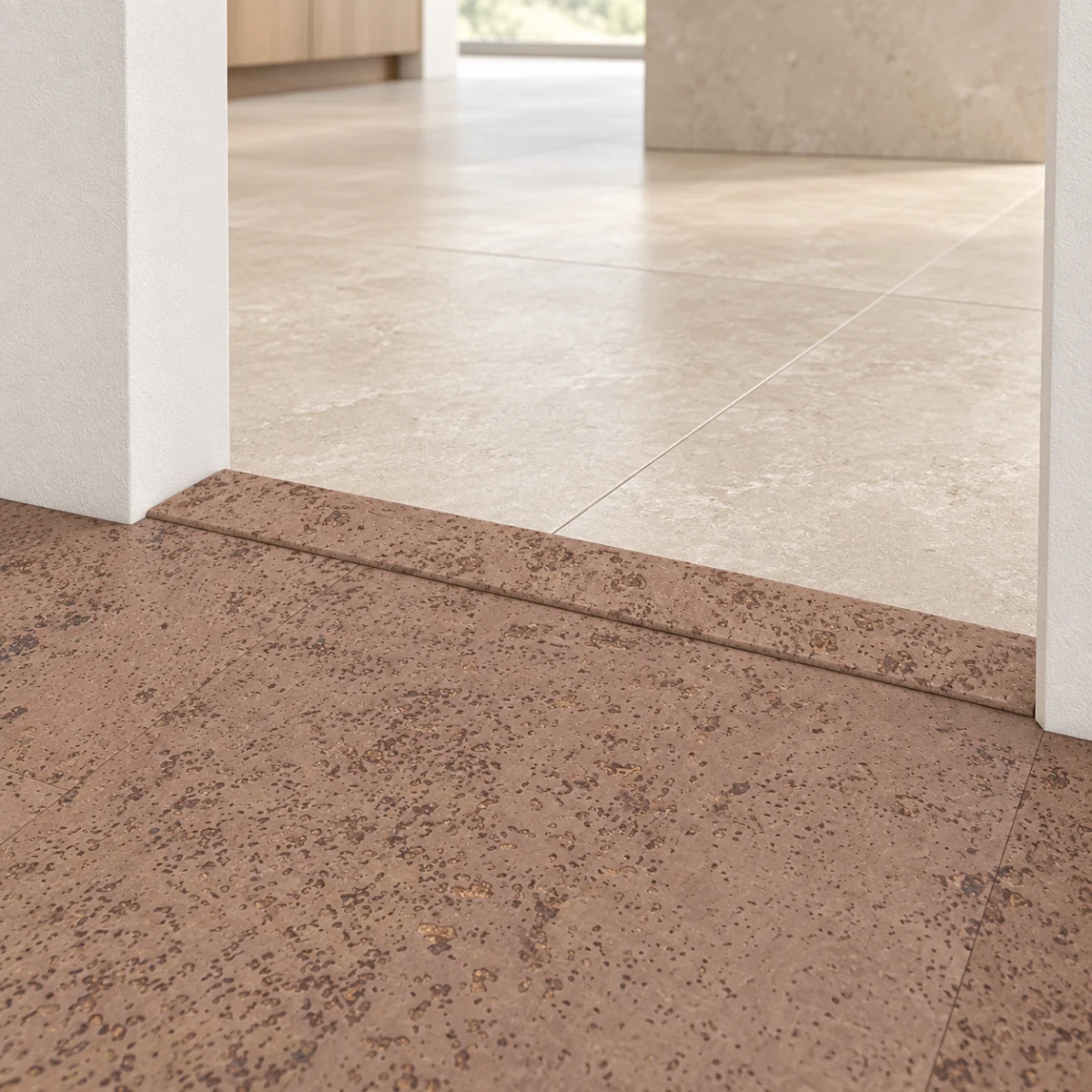 Hazel T-molding transition — installed view with product profile inset