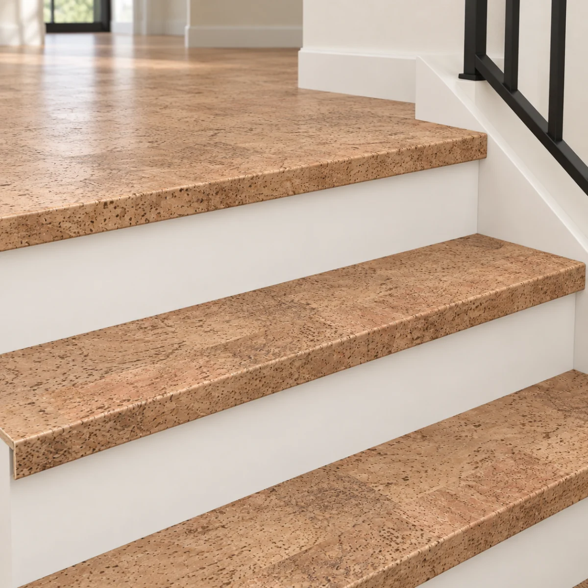 Leather stair nosing — installed view with product profile inset