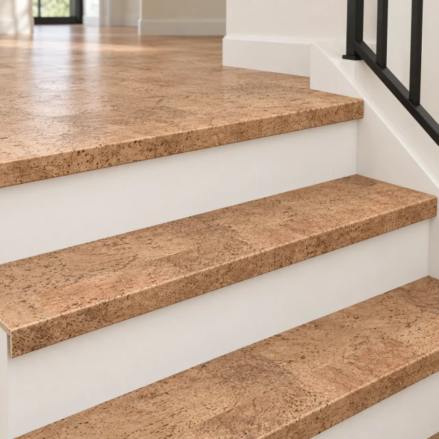Leather stair nosing — installed view with product profile inset