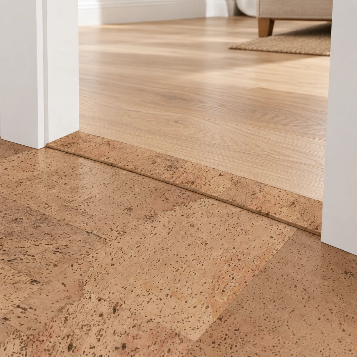 Leather T-molding transition — installed view with product profile inset