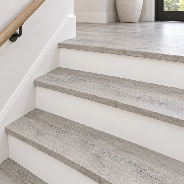 Light Grey Oak stair nosing — installed view with product profile inset