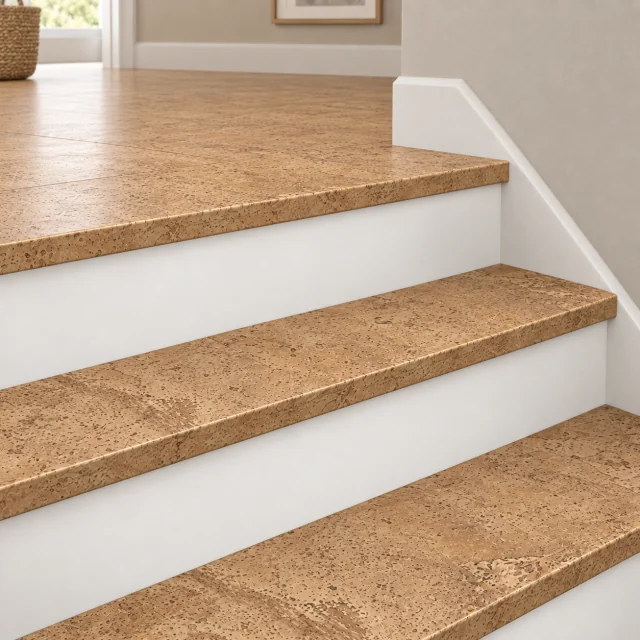 Logan stair nosing — installed view with product profile inset