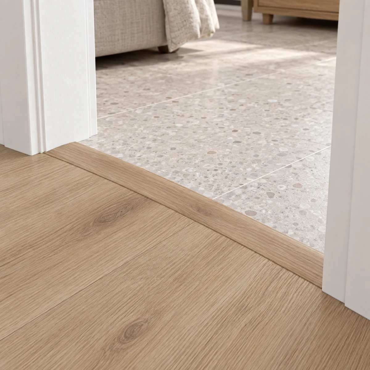 Long Beach T-molding transition — installed view with product profile inset