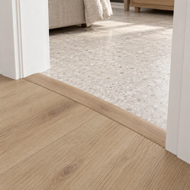 Long Beach T-molding transition — installed view with product profile inset