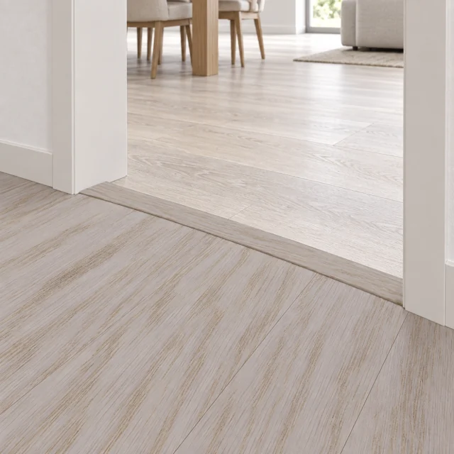 Meadow T-molding transition — installed view with product profile inset
