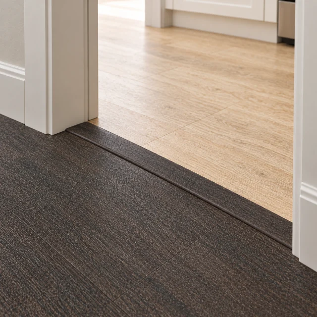 Mocha T-molding transition — installed view with product profile inset