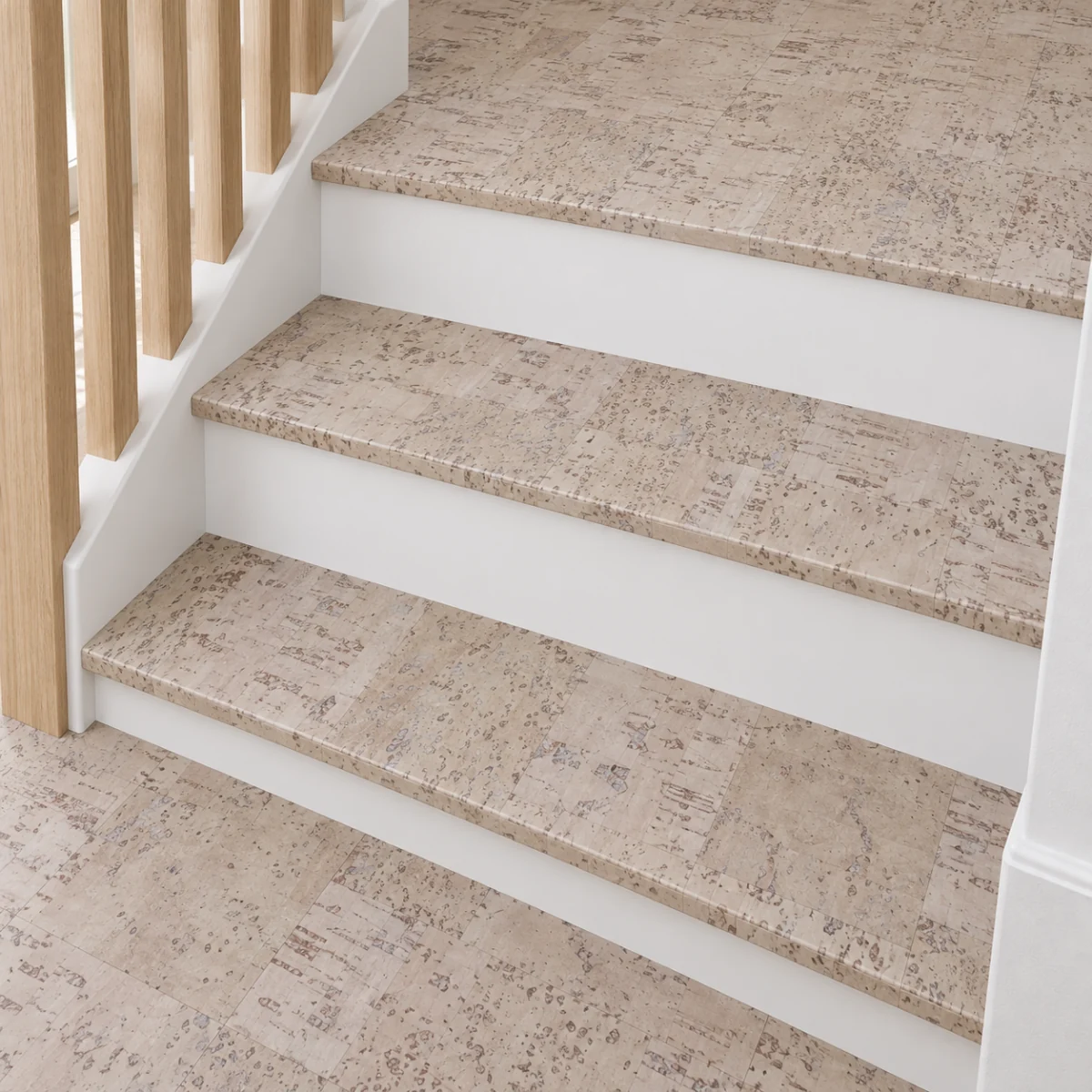 Modular stair nosing — installed view with product profile inset