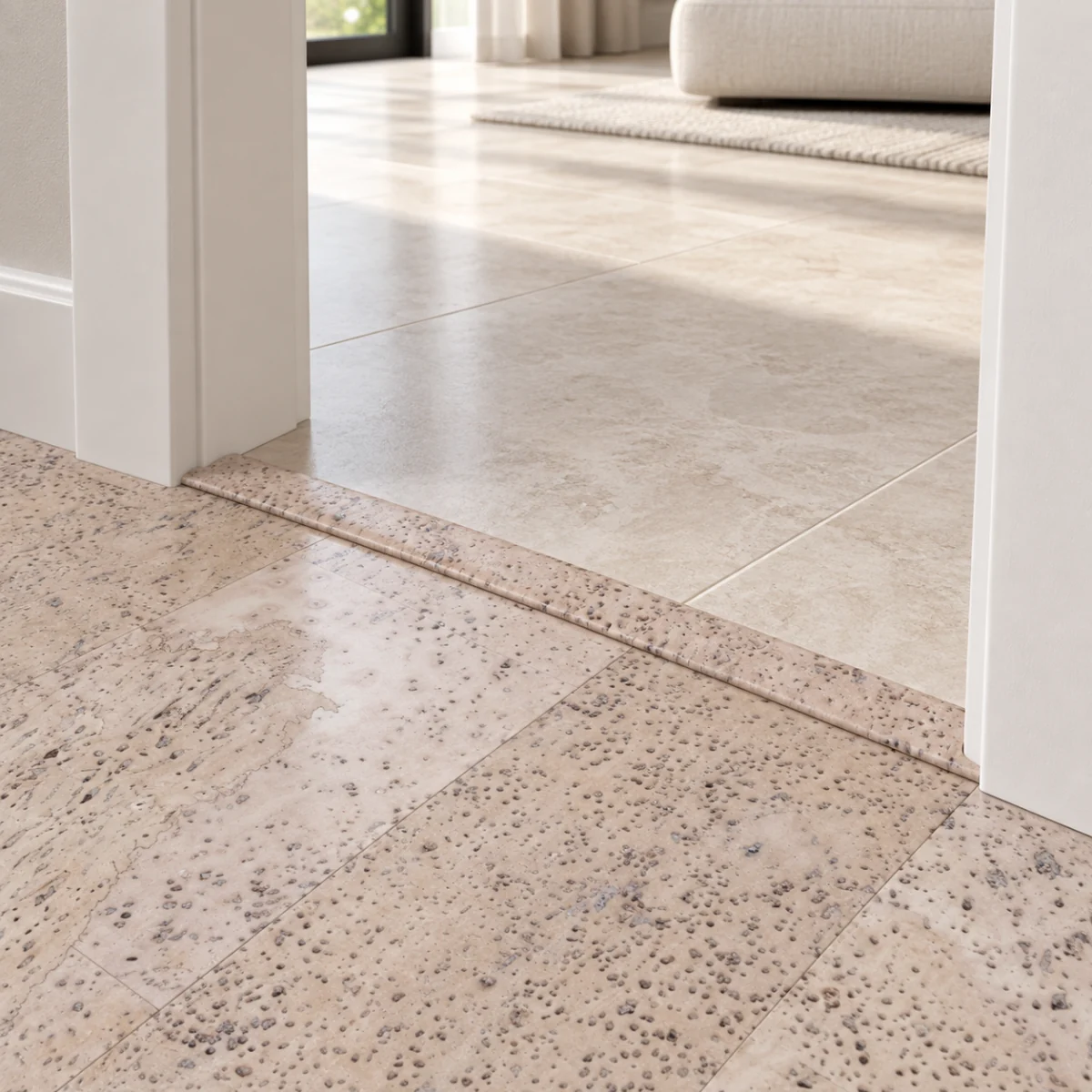 Mystic Vanilla T-molding transition — installed view with product profile inset