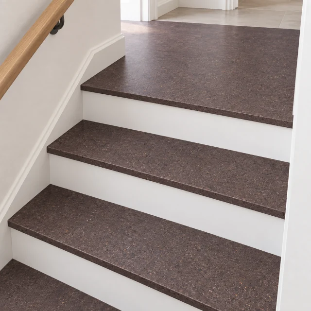 Night stair nosing — installed view with product profile inset