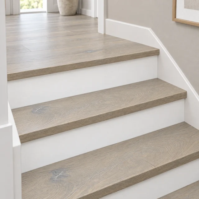 Nordic Oak stair nosing — installed view with product profile inset