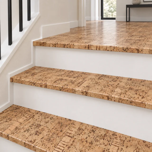 Parcork stair nosing — installed view with product profile inset