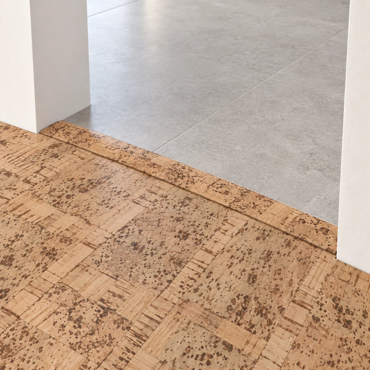 Parcork T-molding transition — installed view with product profile inset