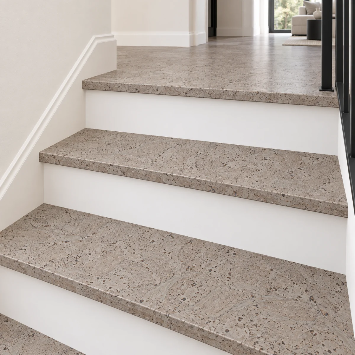 Porto Mist stair nosing — installed view with product profile inset