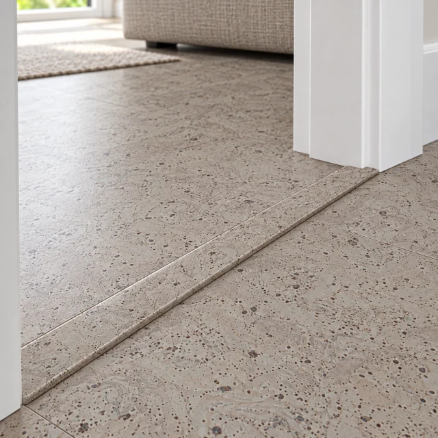 Porto Mist T-molding transition — installed view with product profile inset
