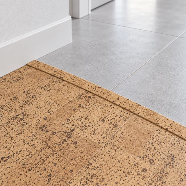 Rhythm T-molding transition — installed view with product profile inset
