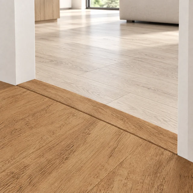 Spanish Cedar T-molding transition — installed view with product profile inset