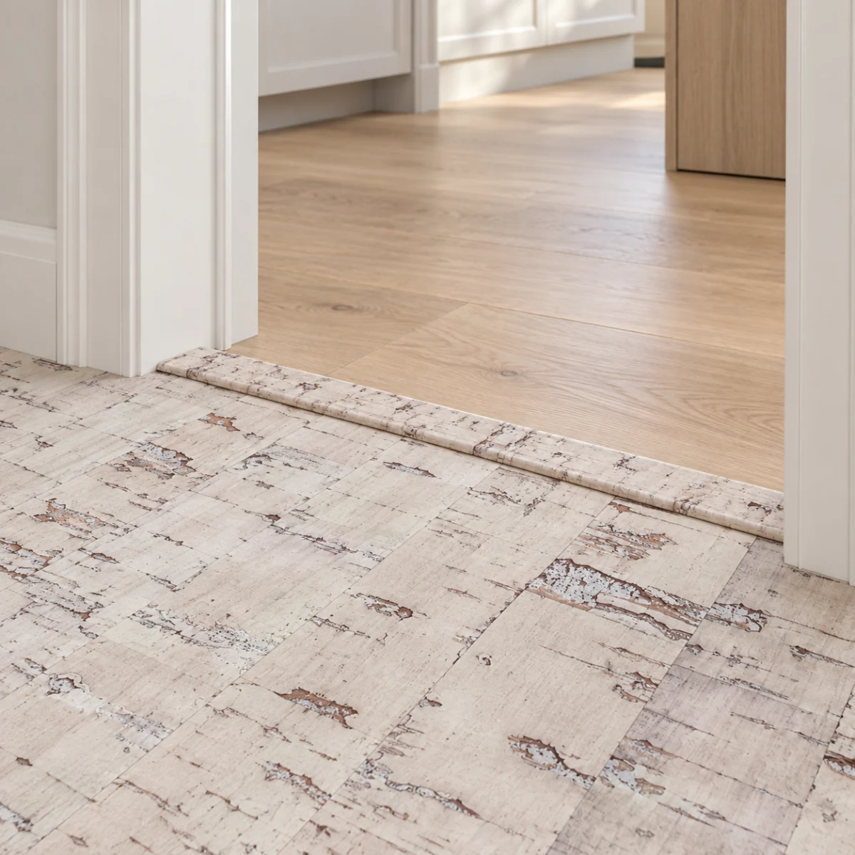 Stratum T-molding transition — installed view with product profile inset