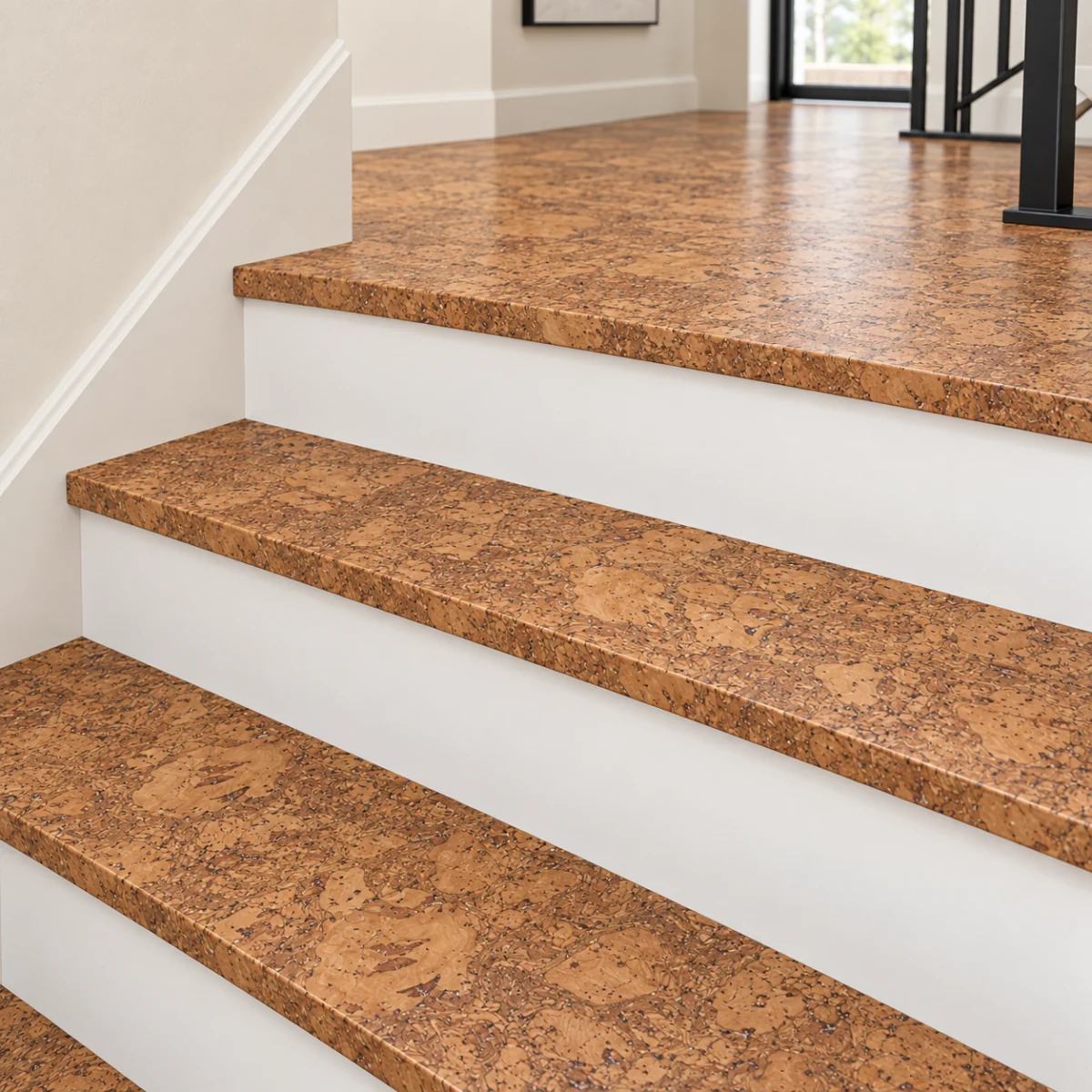 Tasmanian Burl stair nosing — installed view with product profile inset