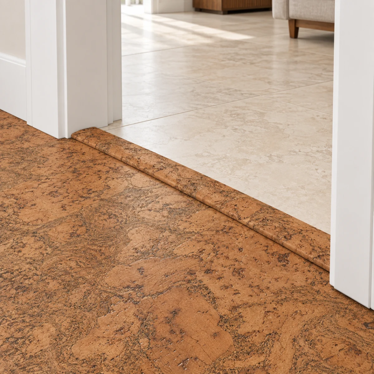 Tasmanian Burl T-molding transition — installed view with product profile inset