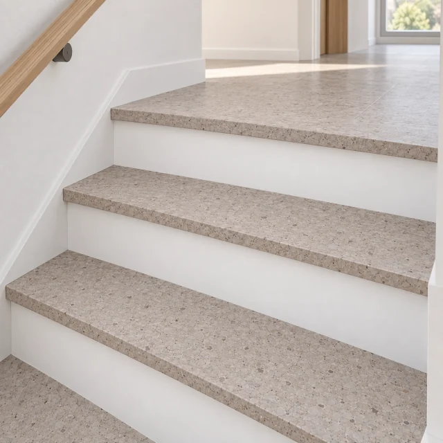 Terrazzo stair nosing — installed view with product profile inset