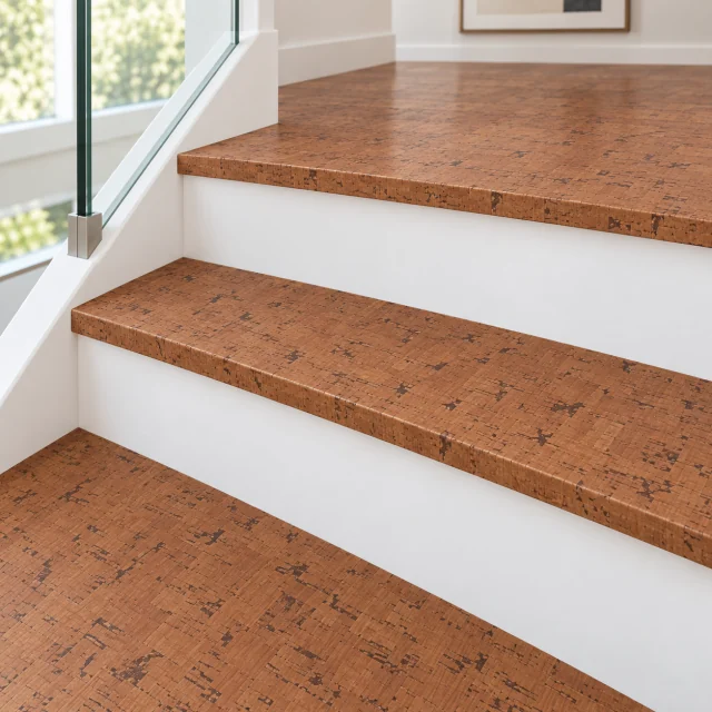 Timber Birch stair nosing — installed view with product profile inset