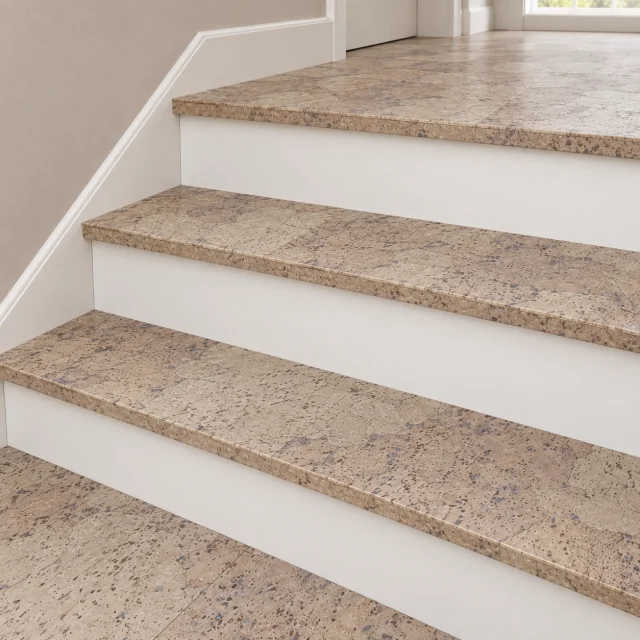 Travertine stair nosing — installed view with product profile inset
