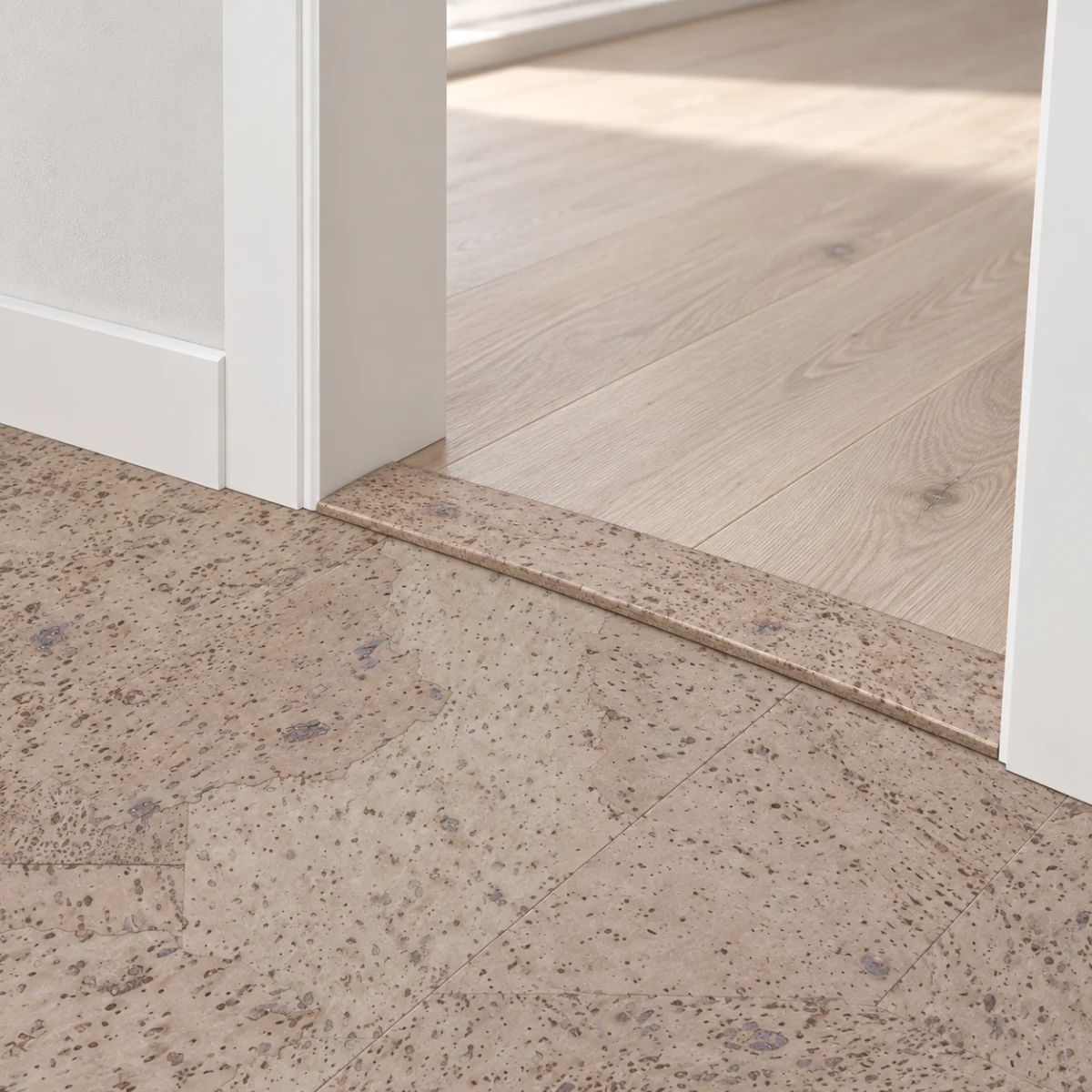 Travertine T-molding transition — installed view with product profile inset