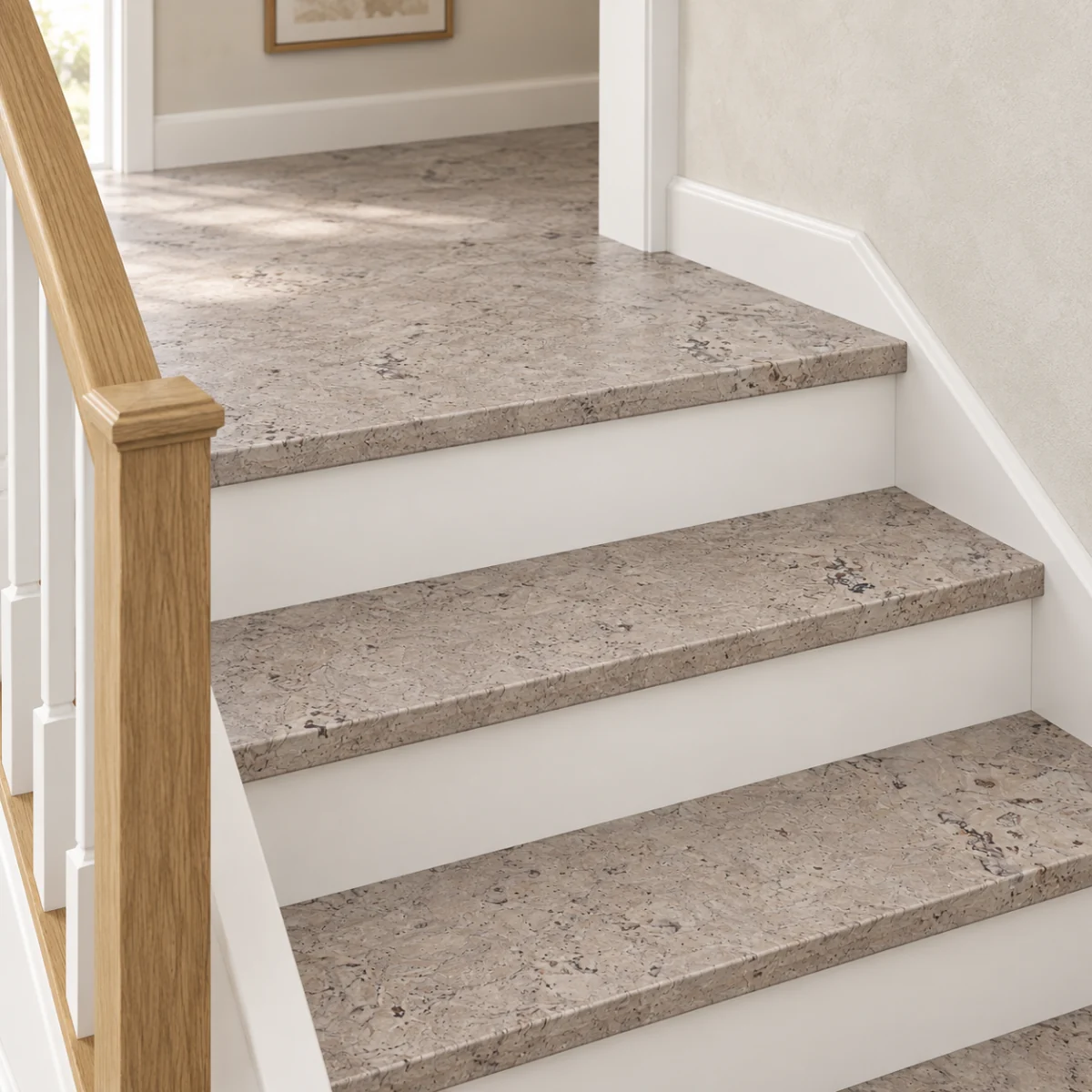 Umber Grey stair nosing — installed view with product profile inset