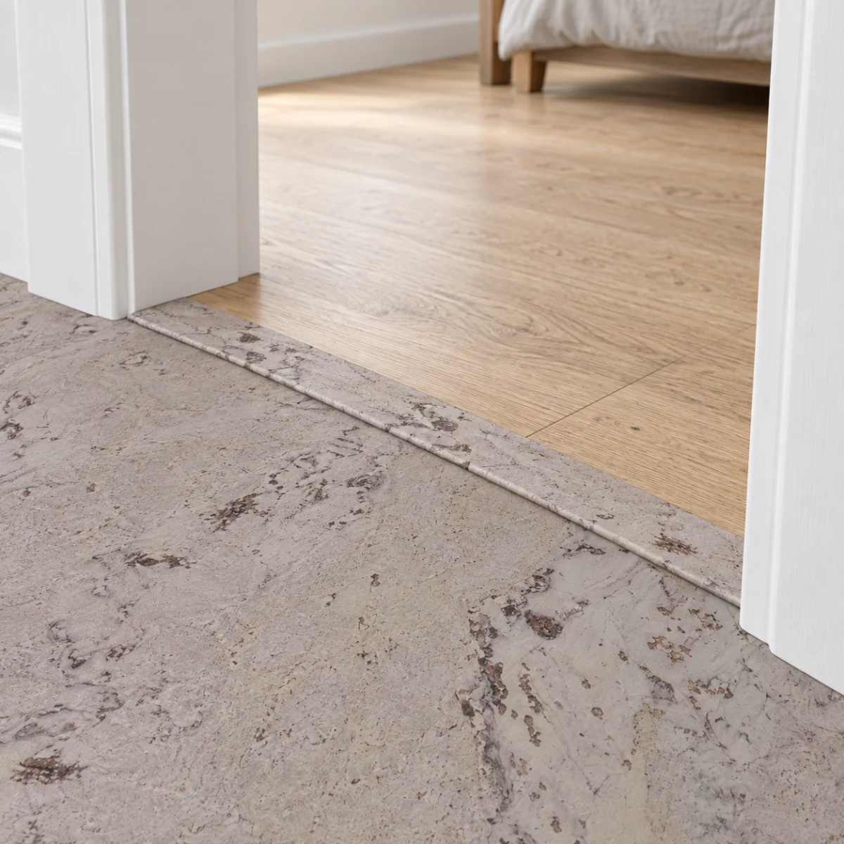 Umber Grey T-molding transition — installed view with product profile inset