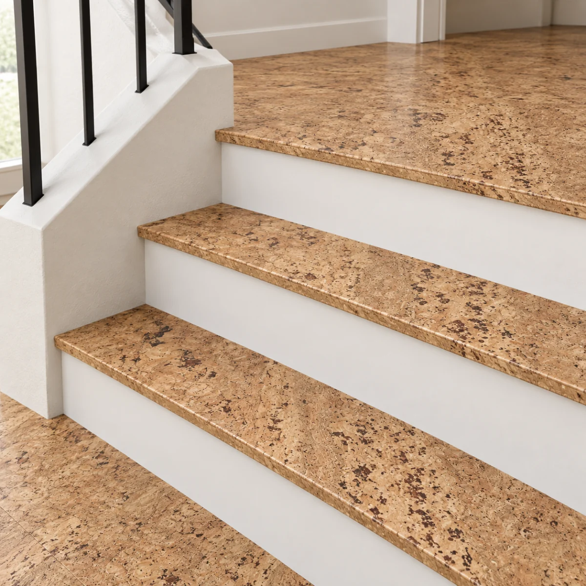 Umber stair nosing — installed view with product profile inset