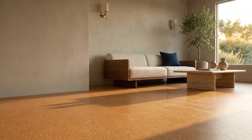 Usa'S Best Cork Flooring, Wall Tiles, Underlayment And More Warm Amber Cork Floating Floor In A Bright Living Room