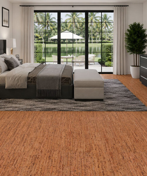 Modern Bedroom Featuring Amber Streak Cork Floating Flooring With Warm Natural Cork Texture And Contemporary Design.