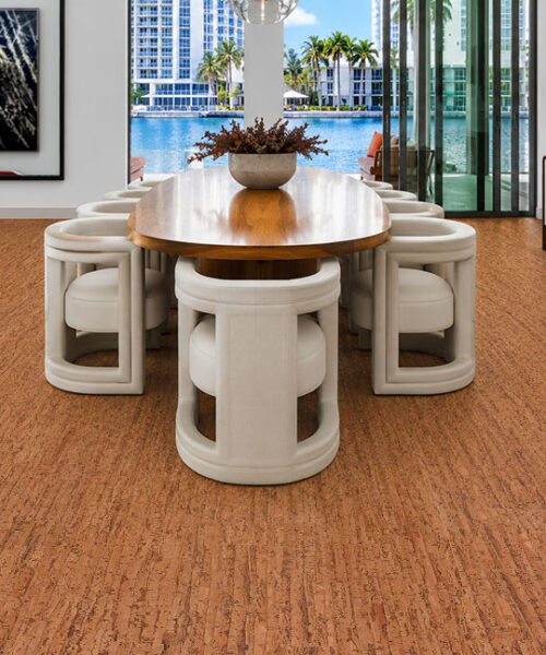 Amber Streak Cork Floating Flooring In A Modern Dining Room With Natural Cork Grain And Warm Amber Color.