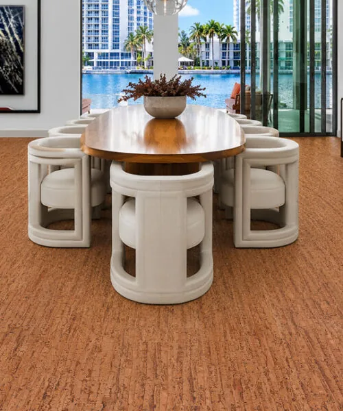 Amber Streak - 1/2&Quot; (12Mm) - Cork Floating (Fast12) Amber Streak Cork Floating Flooring In A Modern Dining Room With Natural Cork Grain And Warm Amber Color.
