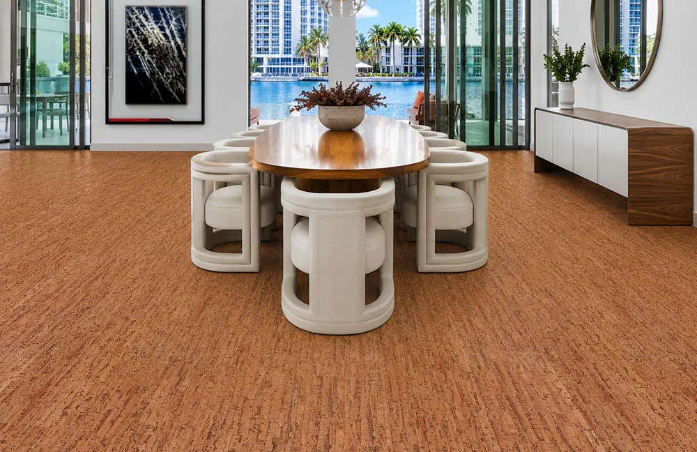 Amber Streak - 1/2&Quot; (12Mm) - Cork Floating (Fast12) Amber Streak Cork Floating Flooring In A Modern Dining Room With Natural Cork Grain And Warm Amber Color.