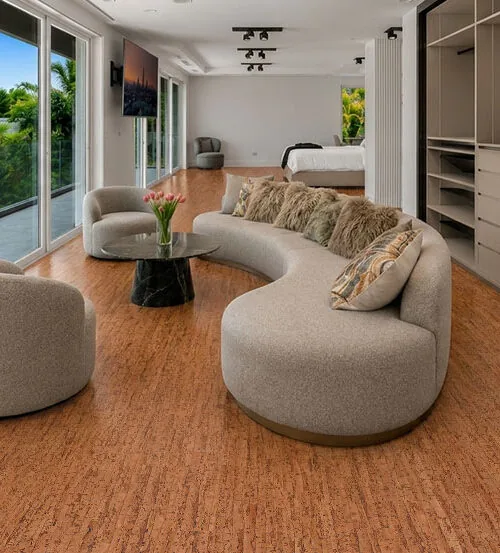 Amber Streak - 1/2&Quot; (12Mm) - Cork Floating (Fast12) Contemporary Living Room With Amber Streak Cork Floating Flooring, Warm Amber Tones, And Natural Cork Texture.