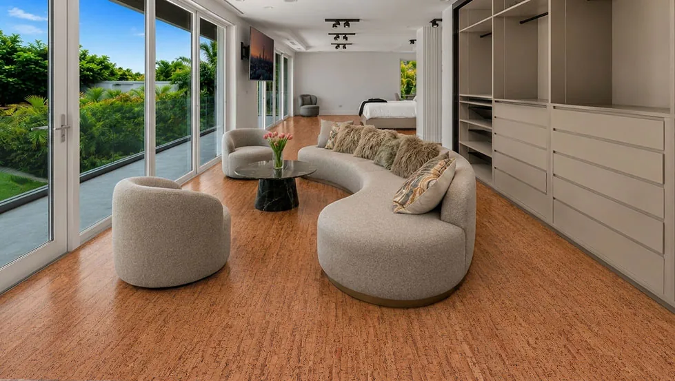 Amber Streak - 1/2&Quot; (12Mm) - Cork Floating (Fast12) Contemporary Living Room With Amber Streak Cork Floating Flooring, Warm Amber Tones, And Natural Cork Texture.