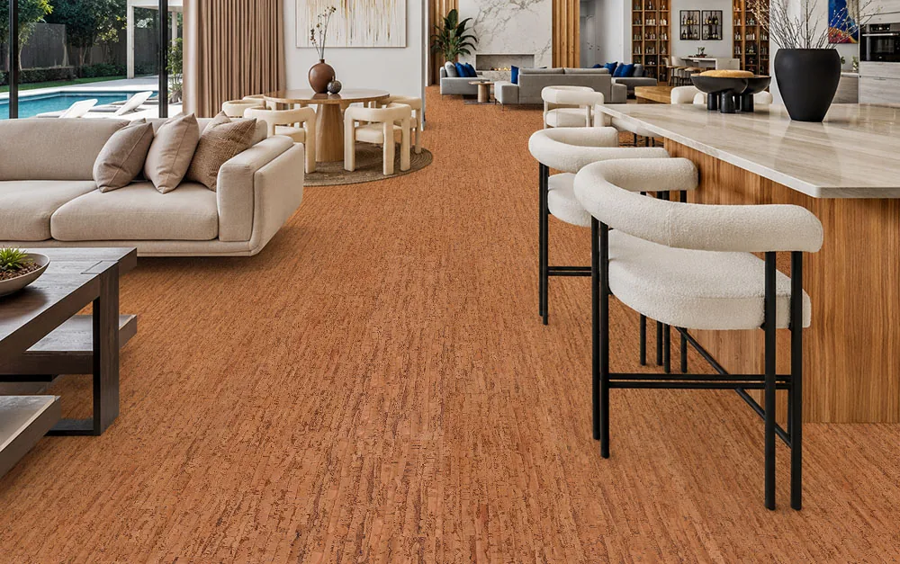 Amber Streak 12Mm Cork Floating Flooring Installed In A Modern Open-Concept Living Room And Kitchen With Warm Natural Cork Texture.