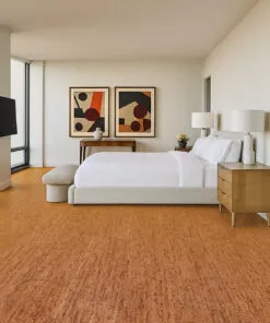 Amber Streak - 1/2&Quot; (12Mm) - Cork Floating (Fast12) Amber Streak Cork Flooring In A Bright Bedroom With Large Windows, Neutral Bed, And Modern Decor.