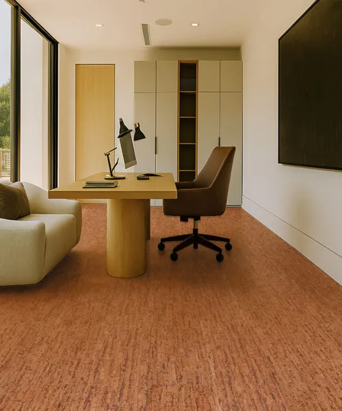 Amber Streak - 1/2&Quot; (12Mm) - Cork Floating (Fast12) Amber Streak Cork Flooring In A Modern Home Office With Natural Light, Wood Desk, And Neutral Furniture.