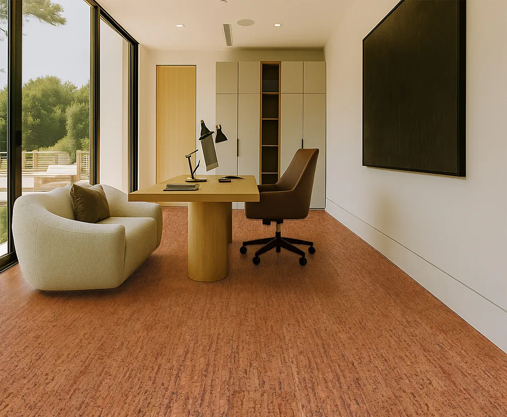 Amber Streak Cork Flooring In A Modern Home Office With Natural Light, Wood Desk, And Neutral Furniture.