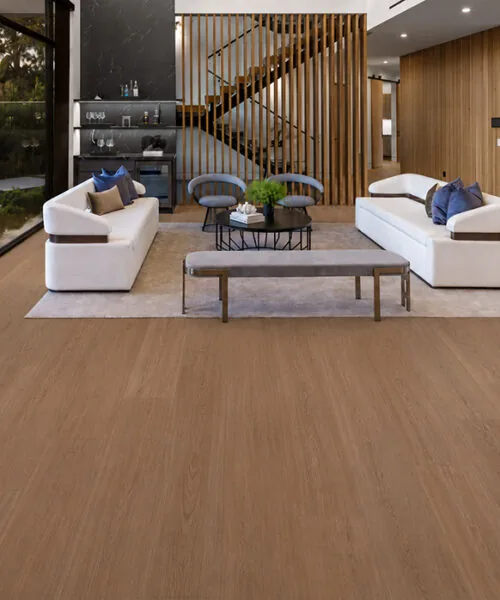 American Red Oak Swiss Design cork flooring in a modern living room with wide wood-look planks