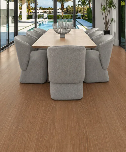 American Red Oak Cork Flooring Installed In A Bright Dining Room Overlooking A Swimming Pool
