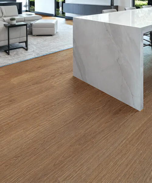 Warm Brown Swiss Cork Flooring In An Open-Plan Living And Dining Room With Oak Grain