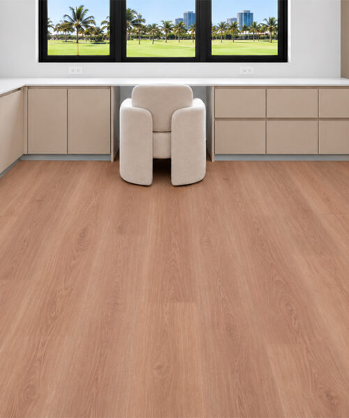 American Red Oak Wood-Look Floating Cork Flooring Covers A Bright Office With Wraparound Cabinetry And Garden Views.