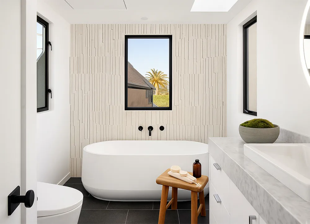 Eco-Friendly Arctic Slate Cork Wall Panels Installed Behind A Bathtub, Providing Sound Insulation And Modern Texture