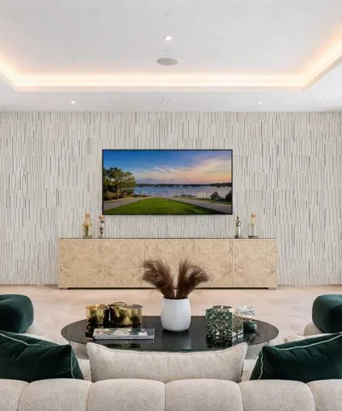 Arctic Slate - 1/2&Quot; (12Mm) - Cork Wall Tile (Warcslt12) Arctic Slate Acoustic Wall Panels Creating A Modern Textured Feature Wall Behind A Tv In A Luxury Living Room