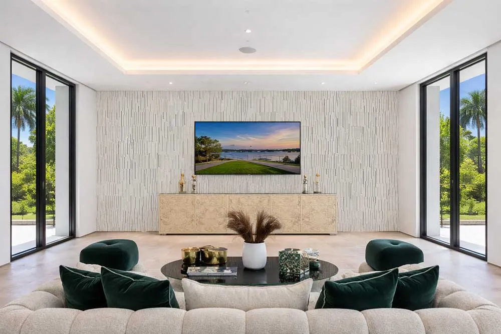 Arctic Slate Acoustic Wall Panels Creating A Modern Textured Feature Wall Behind A Tv In A Luxury Living Room