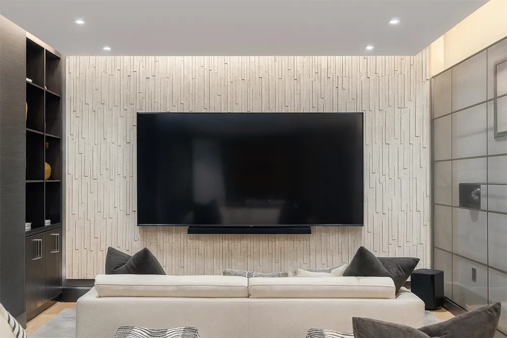 Rctic Slate Decorative Cork Wall Tiles In A Home Theatre, Reducing Noise And Echo With Stylish Acoustic Design